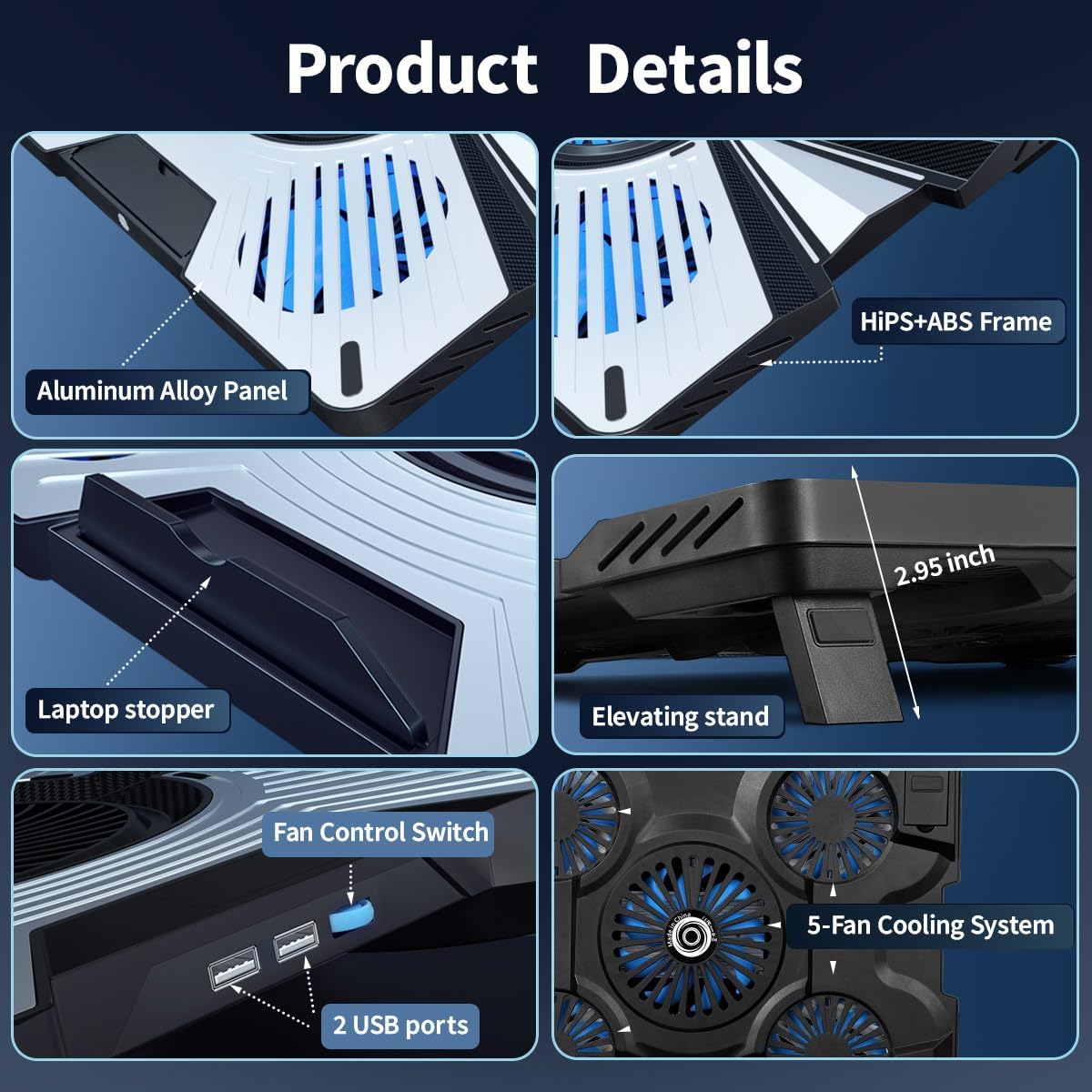 Thermoelectric Laptop Cooling Stand with 5 Fans - Adjustable Height for Laptops up to 19", Compatible with MacBook, Alienware, ROG & Gaming Laptops