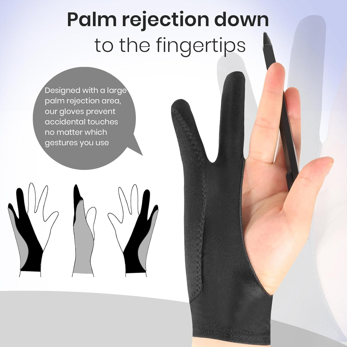 Digital Drawing Glove: 3-Layer Palm Rejection, Two-Finger Artist Glove for Drawing Tablet, iPad, Paper Sketching, Fits Left and Right Hand, Includes Cleaning Cloth (2-Pack, Medium, Black)
