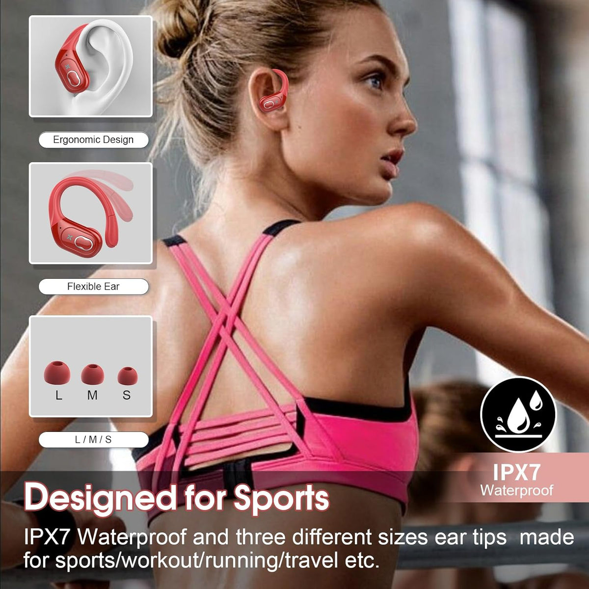 Wireless Earbuds 75hrs Bluetooth 5.4 Headphone Sport, 2025 Bluetooth Earbuds Stereo Deep Bass Over Ear Bud with Earhooks, ENC Noise Cancelling Mic, IPX7 Waterproof Earphone, Red