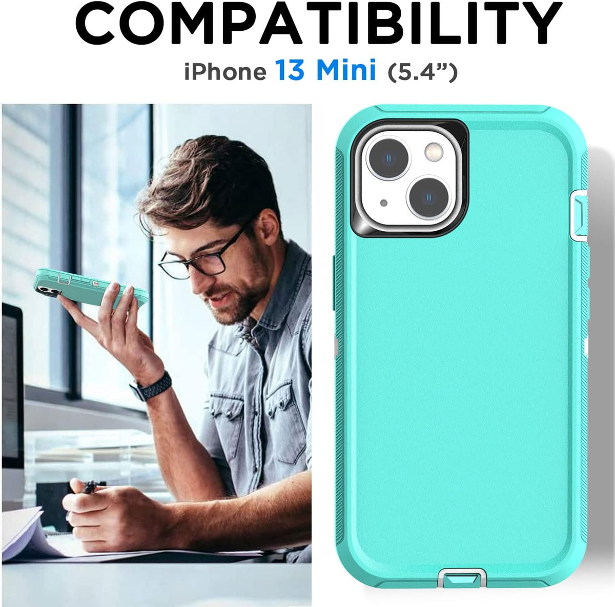 AICase iPhone 13 Mini Case (5.4") - Rugged, Heavy Duty, Shockproof, Dust Proof, with Glass Screen Protector.