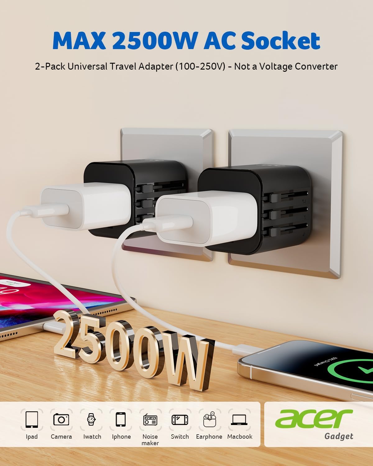 Acer European Travel Plug Adapter，Universal Travel Adapter, International Power Adapter for USA to Europe UK France Germany Spain Ireland Australia (Type C/G/A/I),Black
