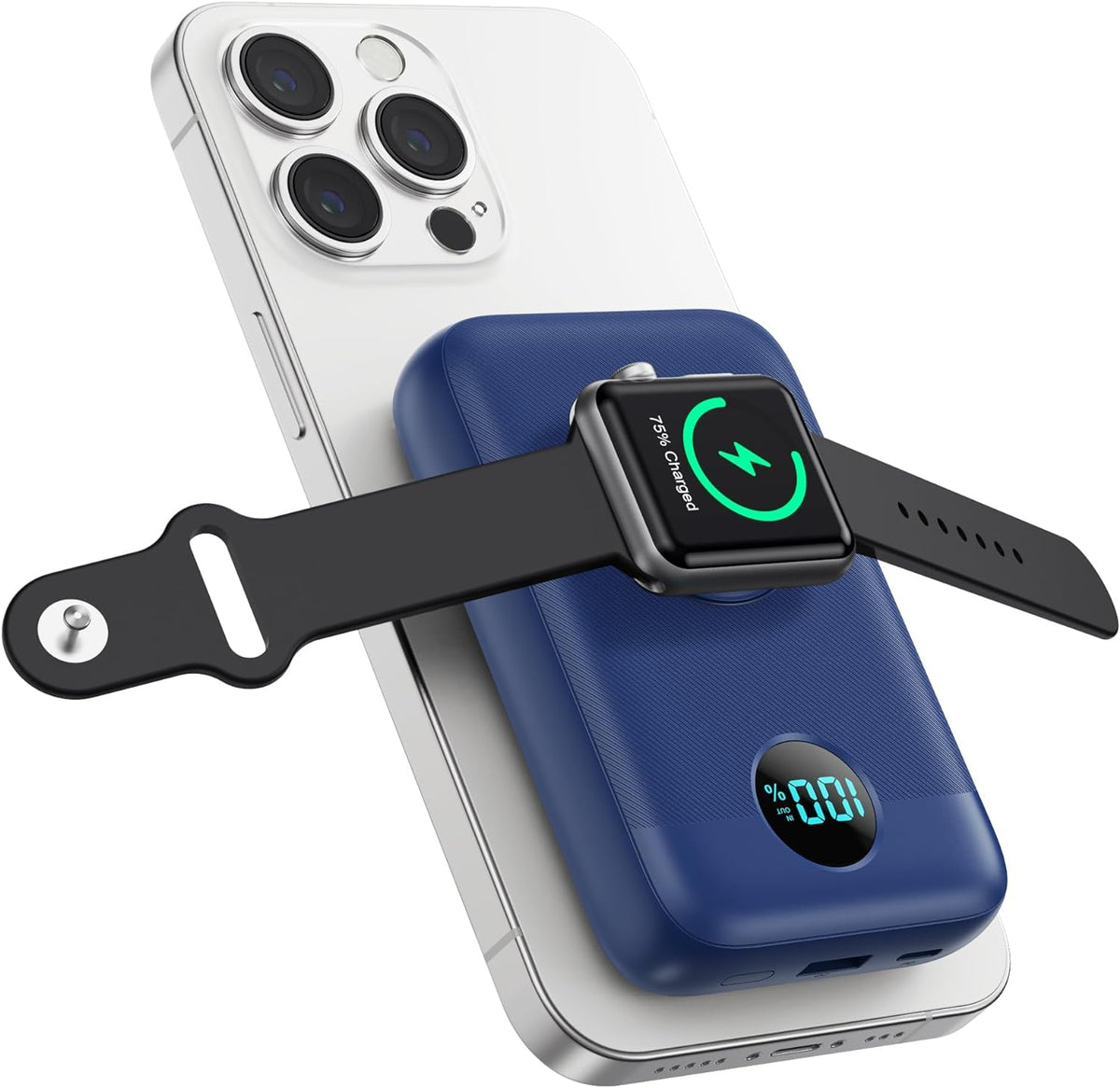 Magnetic Portable Charger 10800mAh,4-in-1 Wireless Power Bank with iWatch Charger, QC4.0+20W PD Fast Charging USB C Battery Pack with LCD Display for Magsafe,iPhone 16/15/14/13/12,Apple Watch (Blue)