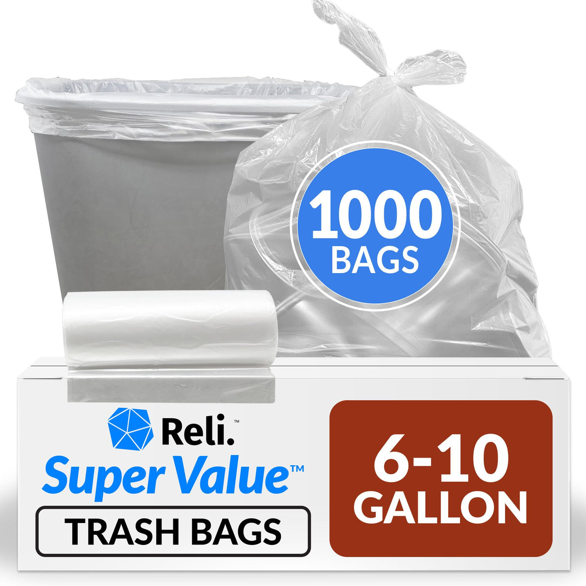 Reli. 6-10 Gallon Trash Bags | 1000 Bags | Clear | Bathroom | Strong | Garbage