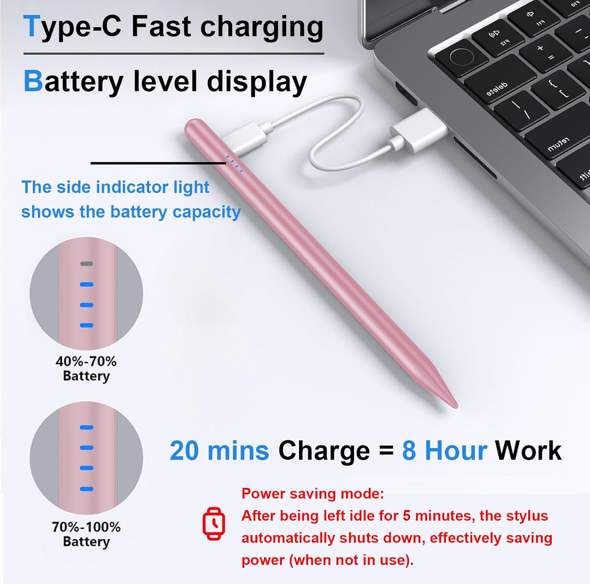 Stylus Pen for iPad 9th&10th - Fast Charge for iPad Pencil Palm Rejection Active Pen Compatible with (2018-2025) Apple iPad 6/7/8/9/10/11(A16), iPad Pro 11"/12.9"/M4, Mini 5/6, Air 3/4/5/M2/M3 (Pink)