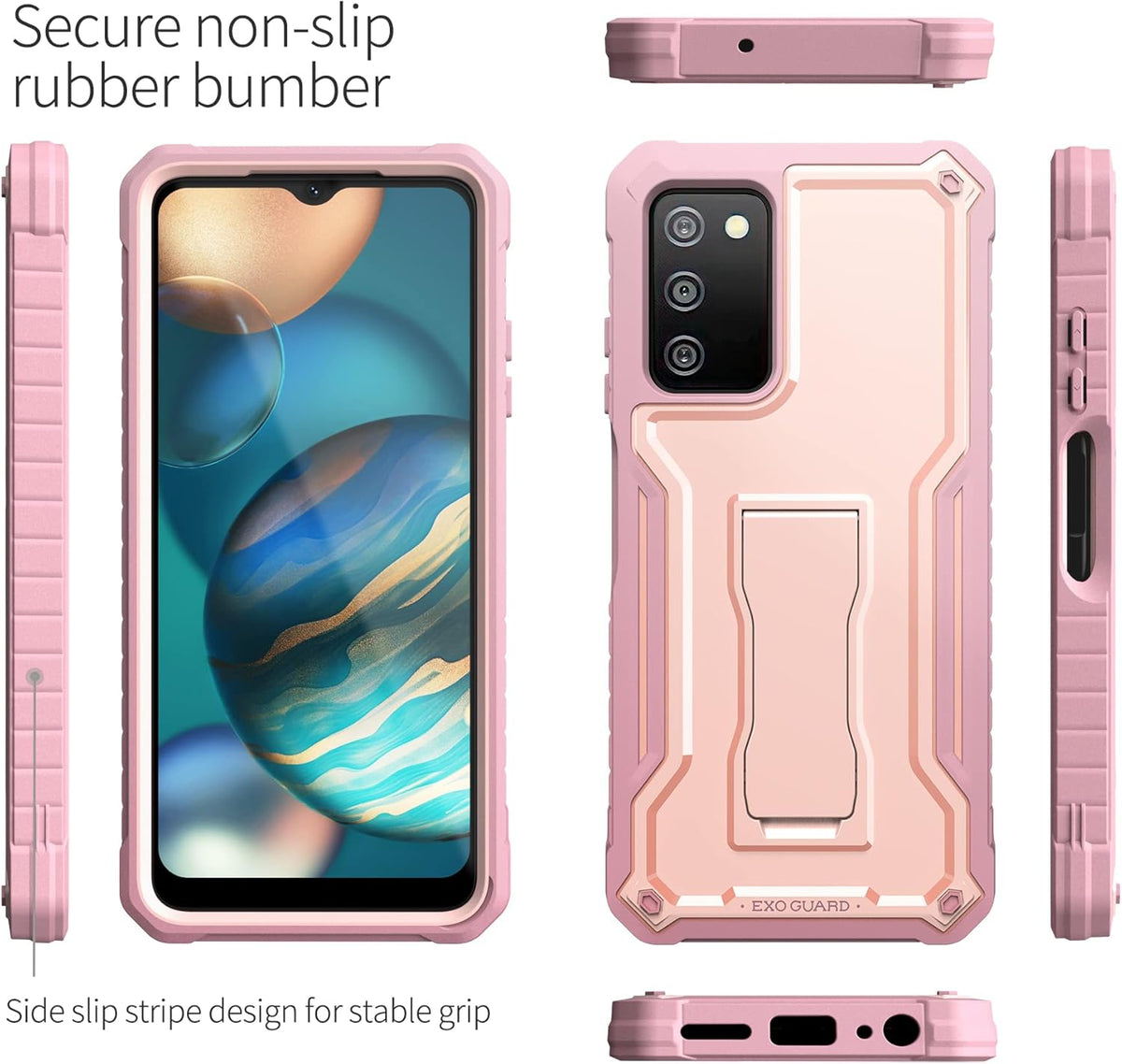 ExoGuard Rubber Shockproof Case for Samsung Galaxy A03S 5G, with Screen Protector and Built-in Kickstand (Pink)