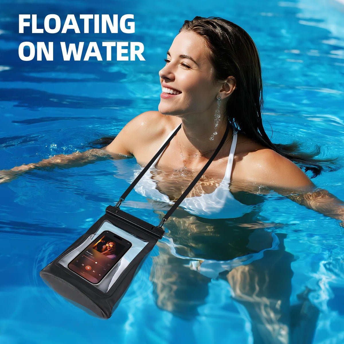 Large Waterproof Phone Pouch，Double Sealing Floating Waterproof Bag Cell Phone Dry Bag Up to 7.5", Beach Vacation Essentials Water Park Essentials(Black)