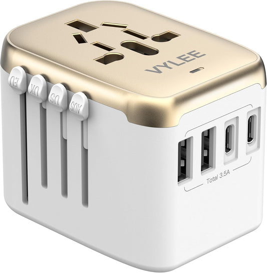 Universal International Power Travel Plug Adapter, 5 in 1 European Travel Plug Adapter W/ 3.5A 2xUSB-A and 2xUSB C Wall Charger and Worldwide AC Outlet for Europe USA UK AUS Asia (White Gold)