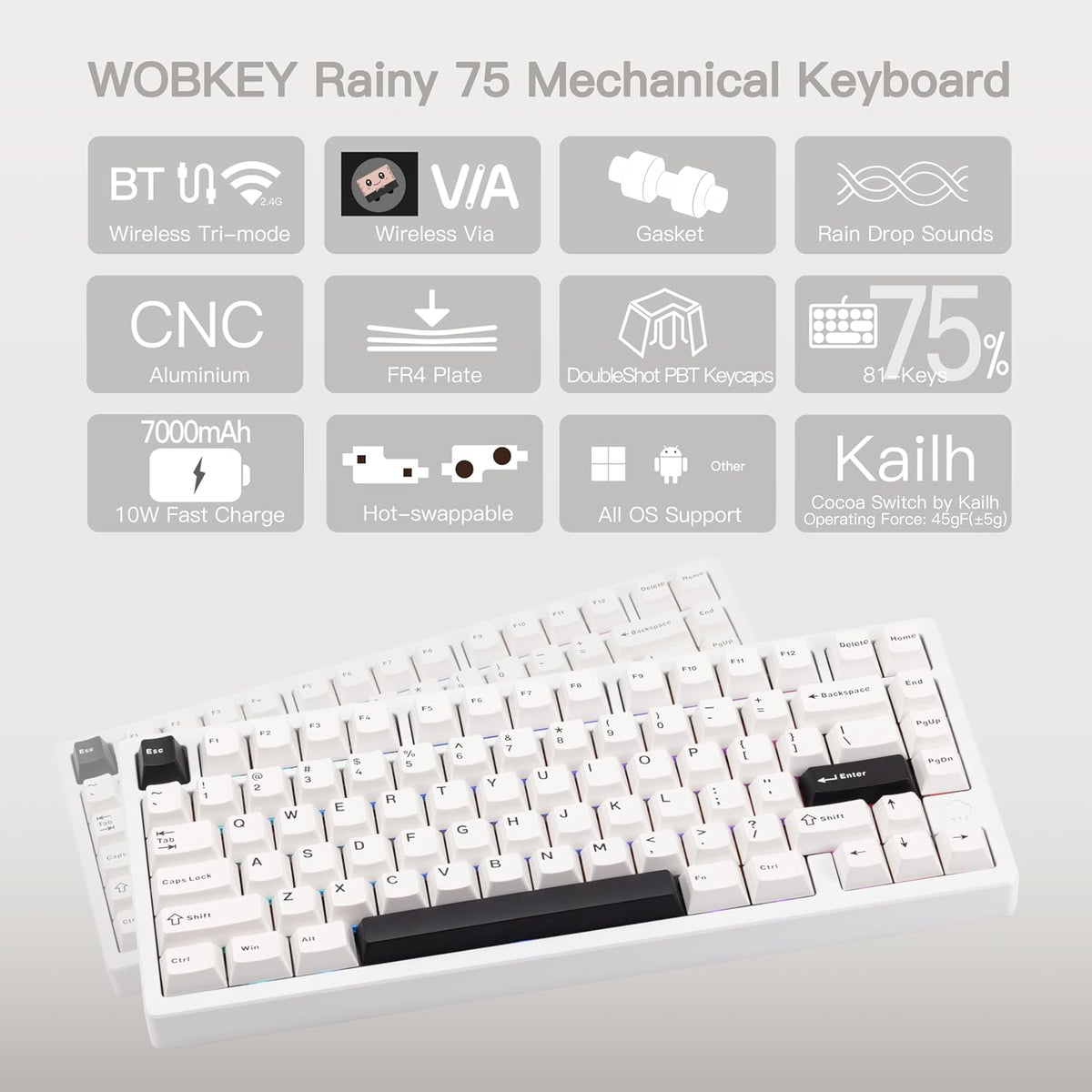 KEEBMONKEY WOBKEY Rainy 75 CNC Aluminum HMX/JWK/Cocoa Switches Triple-Mode Connectivity Mechanical Keyboard with Superior Acoustics, RGB/FR4/Silver SUS304/7000mAh/Cocoa Switch (Pro - Luna)