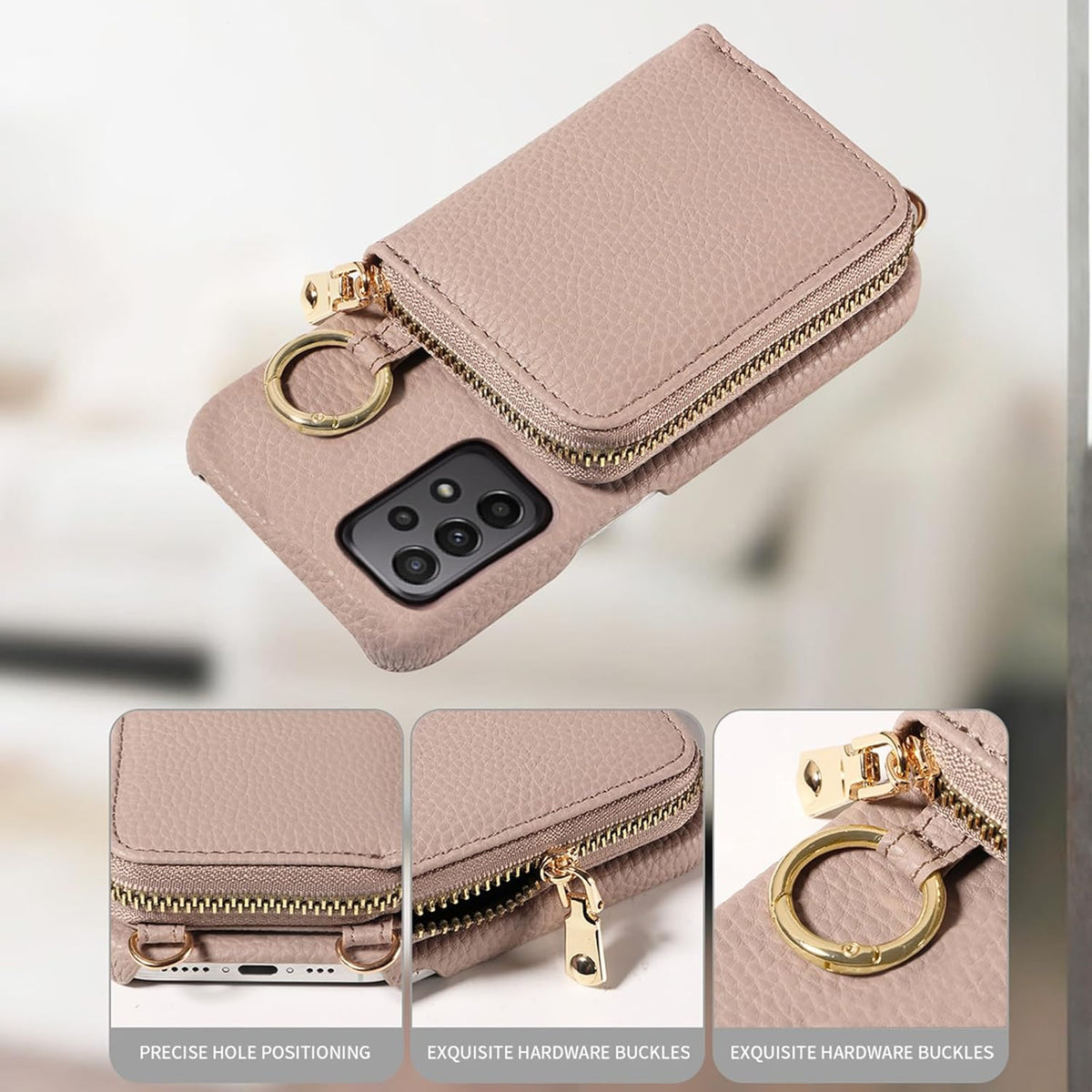 Furiet Wallet Case for Samsung Galaxy A33 5G, Luxury PU Leather Zipper Flip Organ Purse with Shoulder Strap, Khaki
