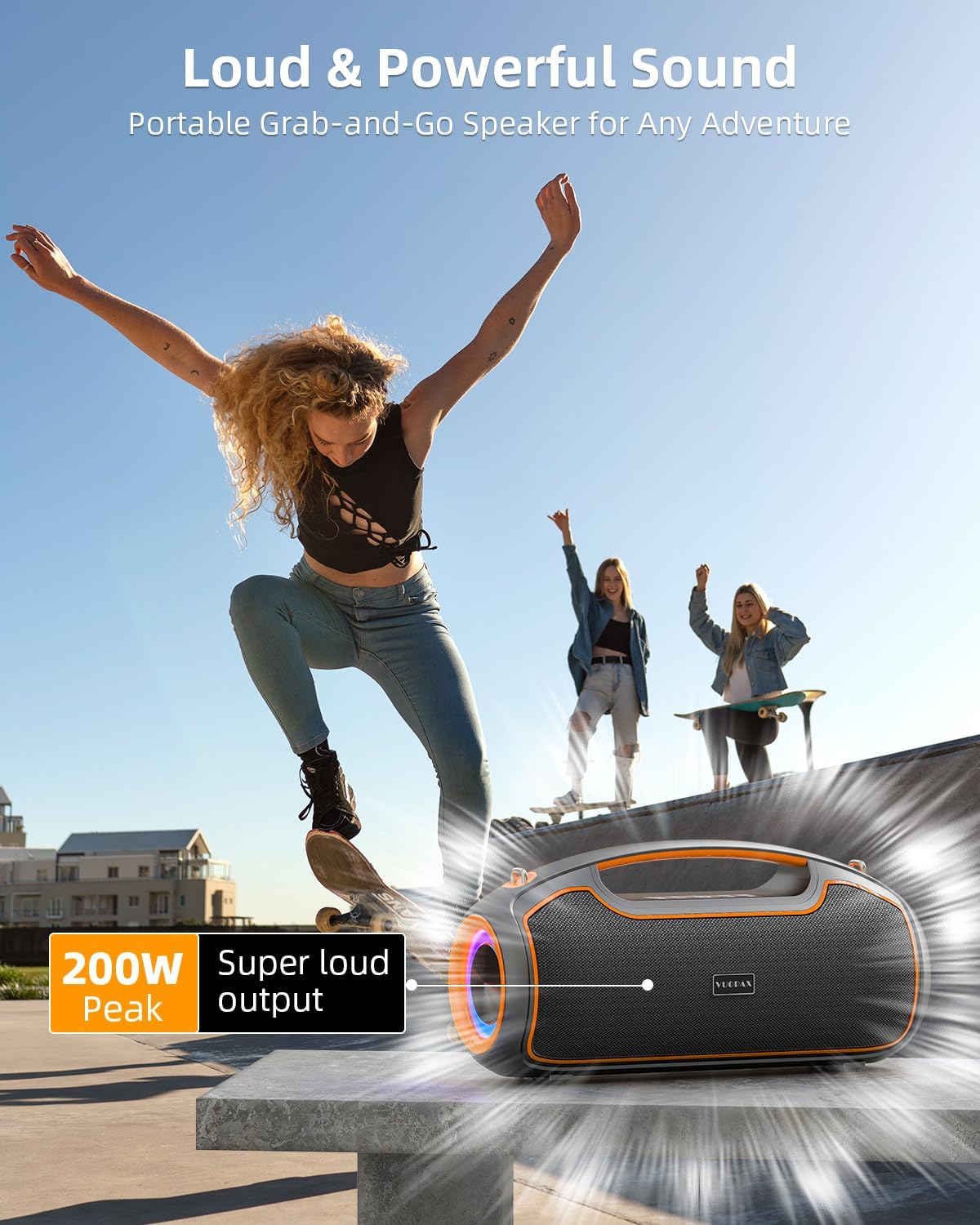Portable Bluetooth Speakers Wireless, 200W Peak Loud Sound and Deep Bass for Party, IP65 Waterproof Outdoor Speaker w/ 2*Subwoofer/Tweeter/DSP/Bass Boost/Fast Charging/TWS/TF/USB/AUX, 24H Playtime