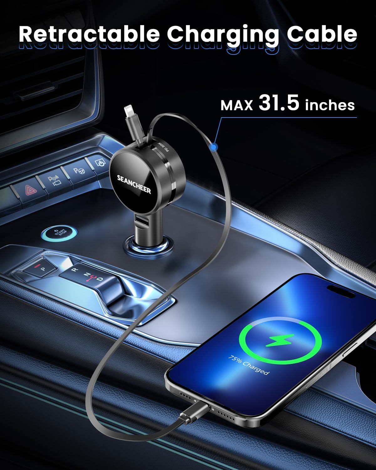 Retractable Car Charger for iPhone and Android, Fast Charging with Retractable Cords (2.6Ft), USB-C Ports, Compatible