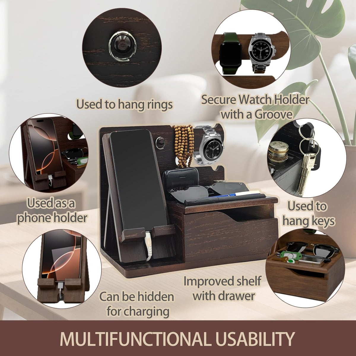 3-in-1 Wood Phone Docking Station Organizer with Drawer & Hidden Charging Hole for Phone, Keys, Glasses & Accessories, for Men (Brown, 01)