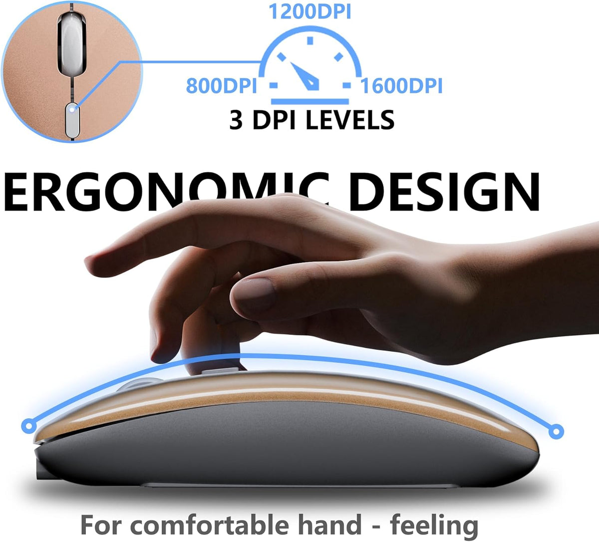 Slim Rechargeable Wireless Silent Mouse, 2.4G & Bluetooth Technology for Laptop/PC/Mac/iPad - Gold