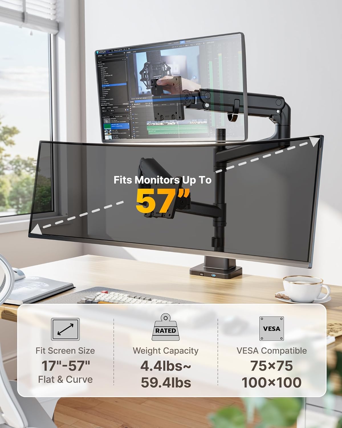 monTEK 17-57 Inch Dual Ultrawide Monitor Arm for Up to 59.4lbs Screen, Aluminum Heavy-Duty Gas Spring Vertical Stackable Curved Screen Adjustable Monitor Stand,75/100mm Vesa Mount, Black
