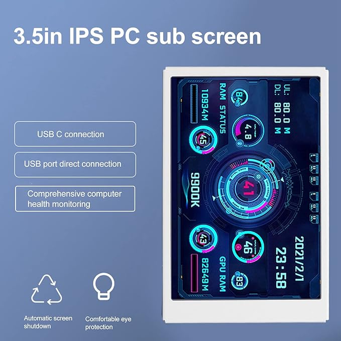 3.5 inch USB Mini Screen PC Temperature Display for PC Computer Case Secondary Screen Full View Display Small Screen CPU HDD Data Monitor (White)