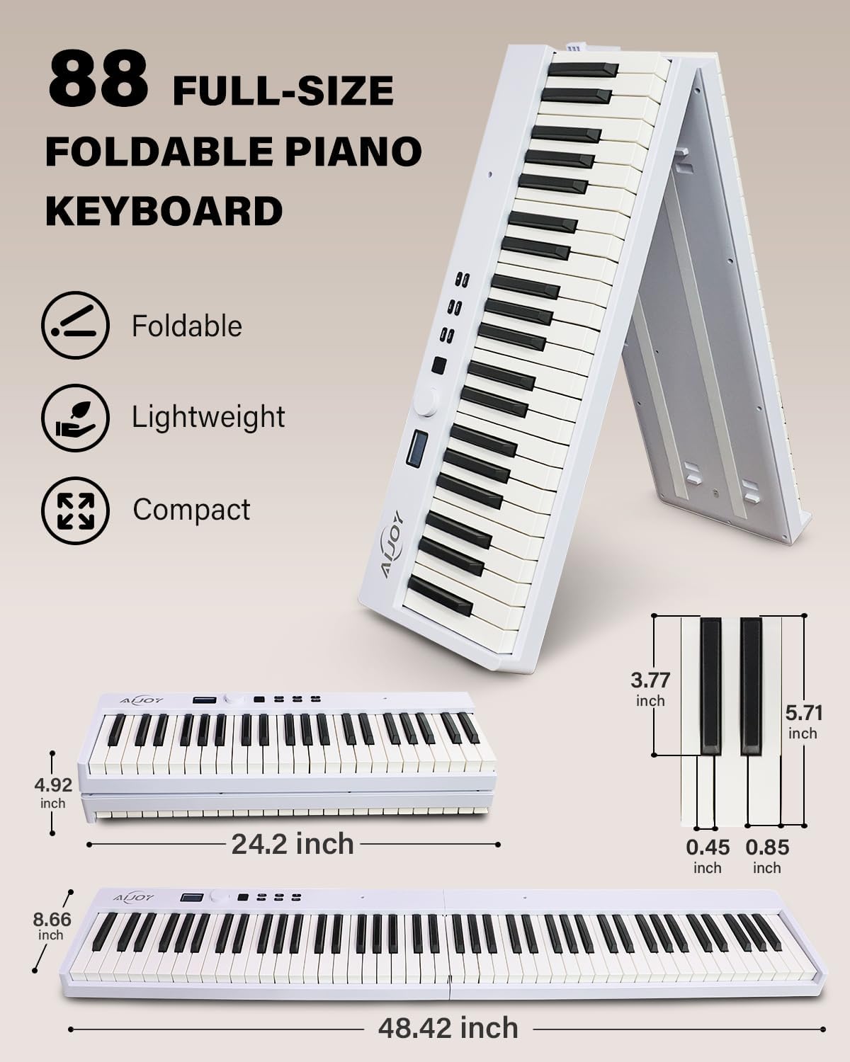 AiJoy 88 Key Beginner Piano Keyboard with Semi-Weighted Keys, 128 Tones, Speakers, USB MIDI, Carry-Bag, Sustain Pedal and Stand, White