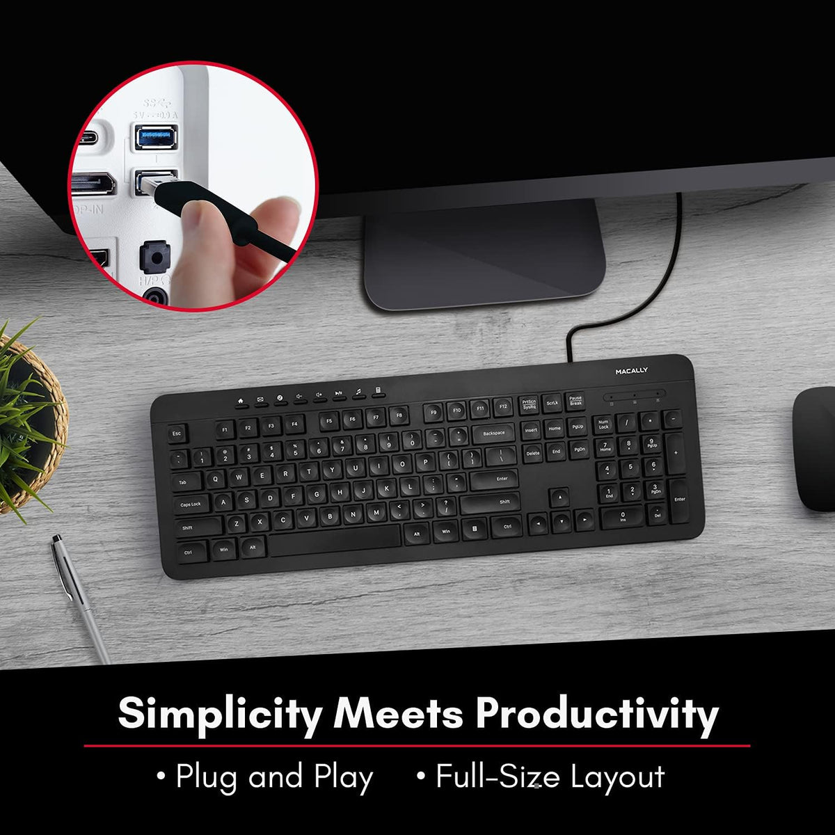 Macally Wired Full Size Keyboard, Quiet USB Keyboard for PC Desktop and Laptop, Comfortable for Typing