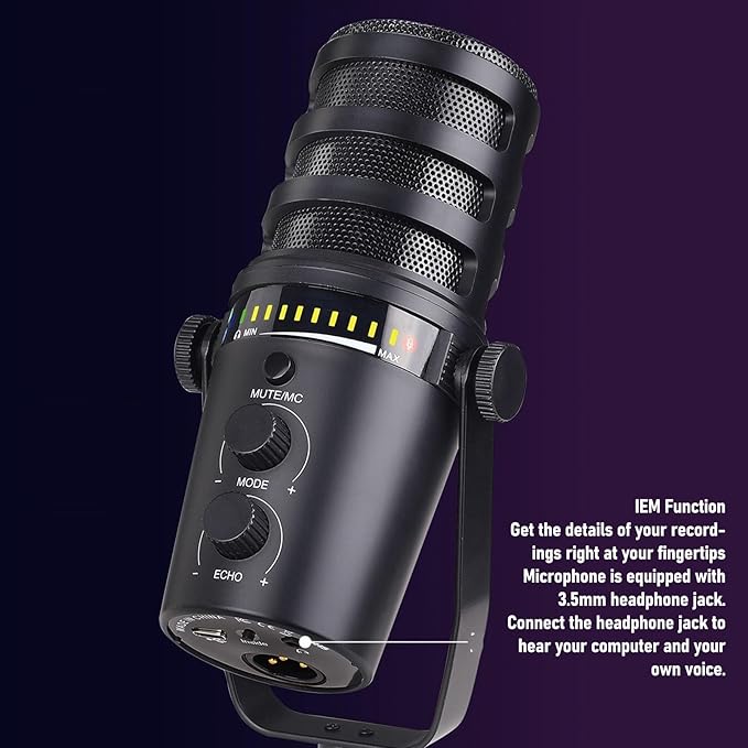 Zopsc Professional Dynamic Microphone USB XLR Mic with Multi Function Knob Adjustable Metal Bracket for Live Recording Gaming Karaoke