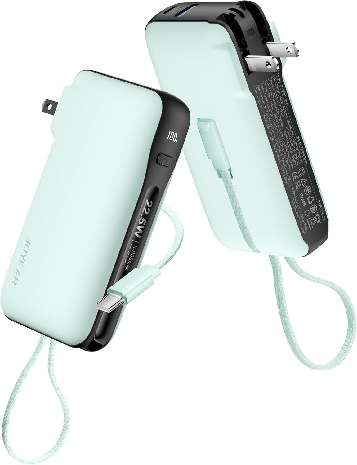 1 Pack Portable Charger with Built-in USB-C Cable & Plug, 10,000mAh 5V/4.5A Power Bank Fast Charging 22.5W, Travel Essential Battery Pack 3 Output for iPhone 16/15 Series, Samsung Galaxy, iPad