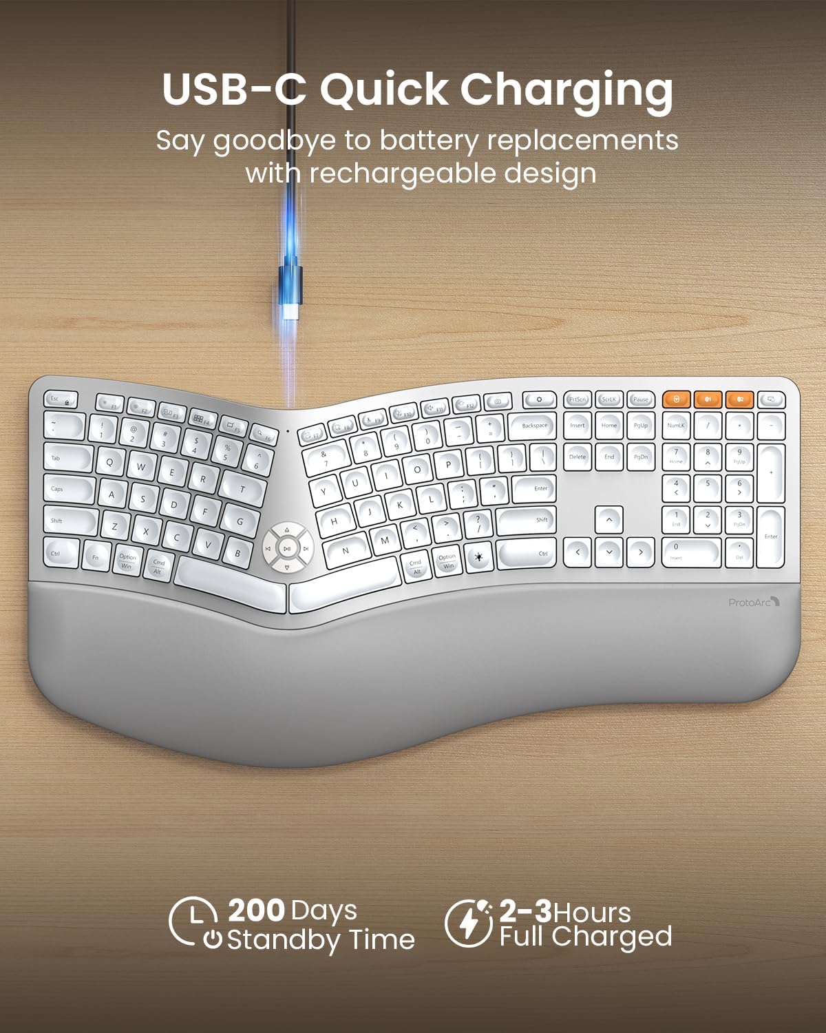 ProtoArc Backlit Bluetooth Ergonomic Keyboard, EK01 Plus Full Size Wireless Split Keyboard with Dual Bluetooth and USB, Cushioned Wrist Rest, Rechargeable, for Windows/Mac/Android, White and Silver