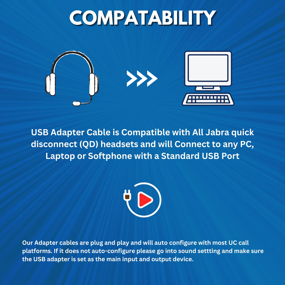 TruVoice USB Adapter Compatible with Any Jabra Quick Disconnect (QD) Wired Headset and Includes Volume Control and Mute Functionality (Connects