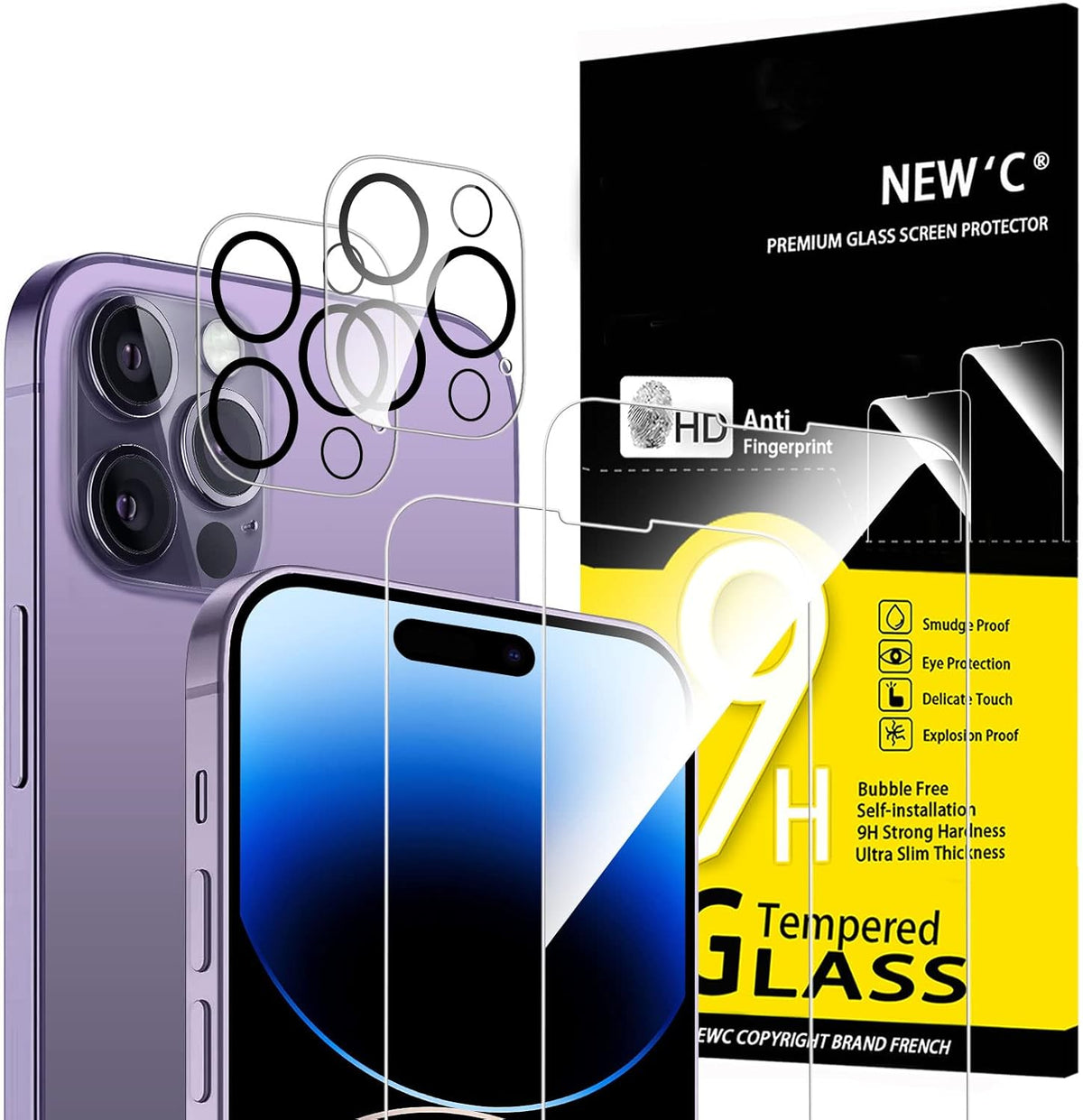 NEW'C 4 Pack Screen Protector for iPhone 14 Pro [6.1 inch] + 2 Pack Camera Lens Protector, Case Friendly