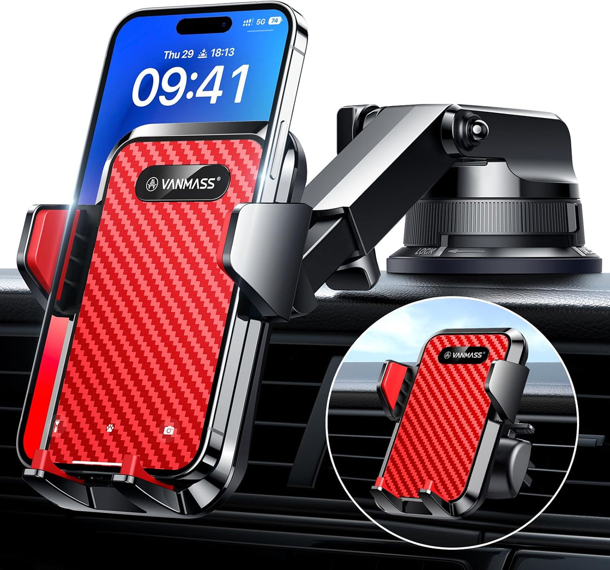 VANMASS [2024 Upgrade Phone Holders for Your Car [Super Suction Cup] Cell Phone Mount Car Dashboard Window Vent Desk Fit for iPhone 15 Pro Max 14 13 Universal Handsfree Automobile Vehicle Cradle，Red