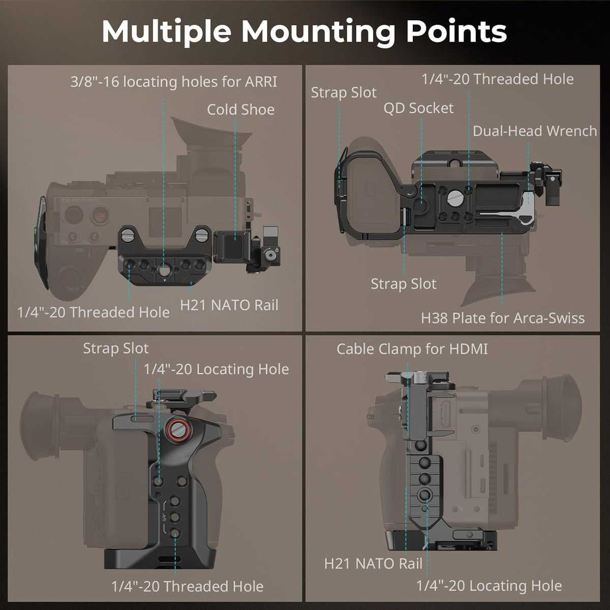 SMALLRIG Cage for Sony FX2, HawkLock Quick Release Camera Cage Kit for Sony with XLR Handle Extension, Wrist Strap and Cable Clamp for HDMI, QR Cold Shoe, Built in NATO Rail/QR Plate for Arca - 5588