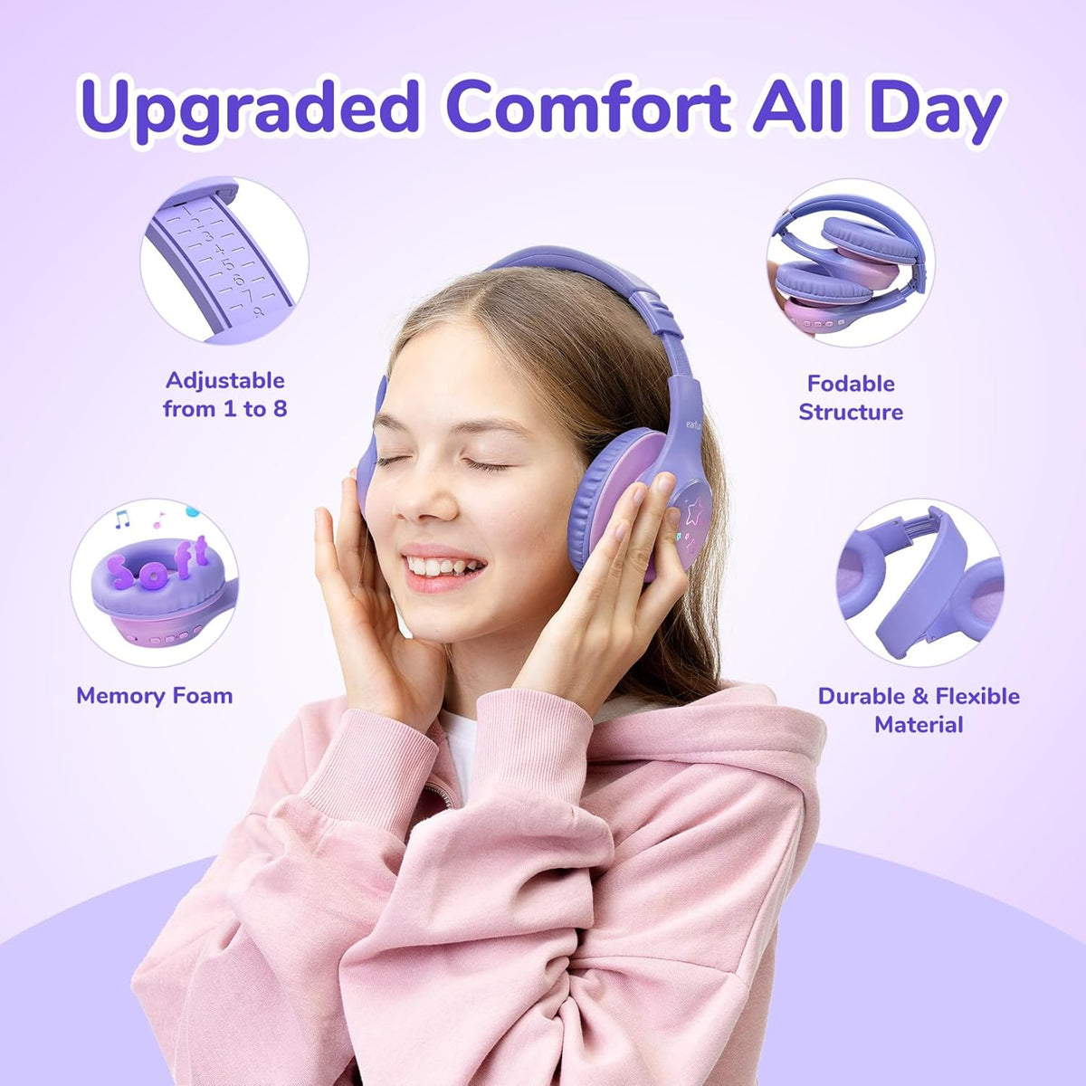 EarFun K4 Kids Bluetooth Headphones, Wireless Headphones with LED Lights, 74/85/94dBA Volume Limited, Built-in Mic, 90H Playtime, Bluetooth 5.4 Over Ear Headphone for iPad/Tablet/School, Violet