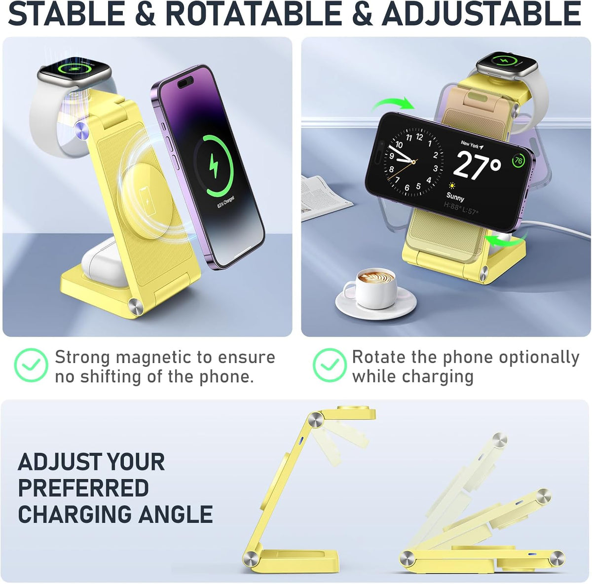 Magnetic Wireless Charger Stand, 3 in 1 Foldable Wireless Charging Station, Travel Charger for Multiple Devices for iPhone 16 15 14 13 12 Series, Apple Watch Ultra/SE/9/8/7/6/5/4/3/2, AirPods