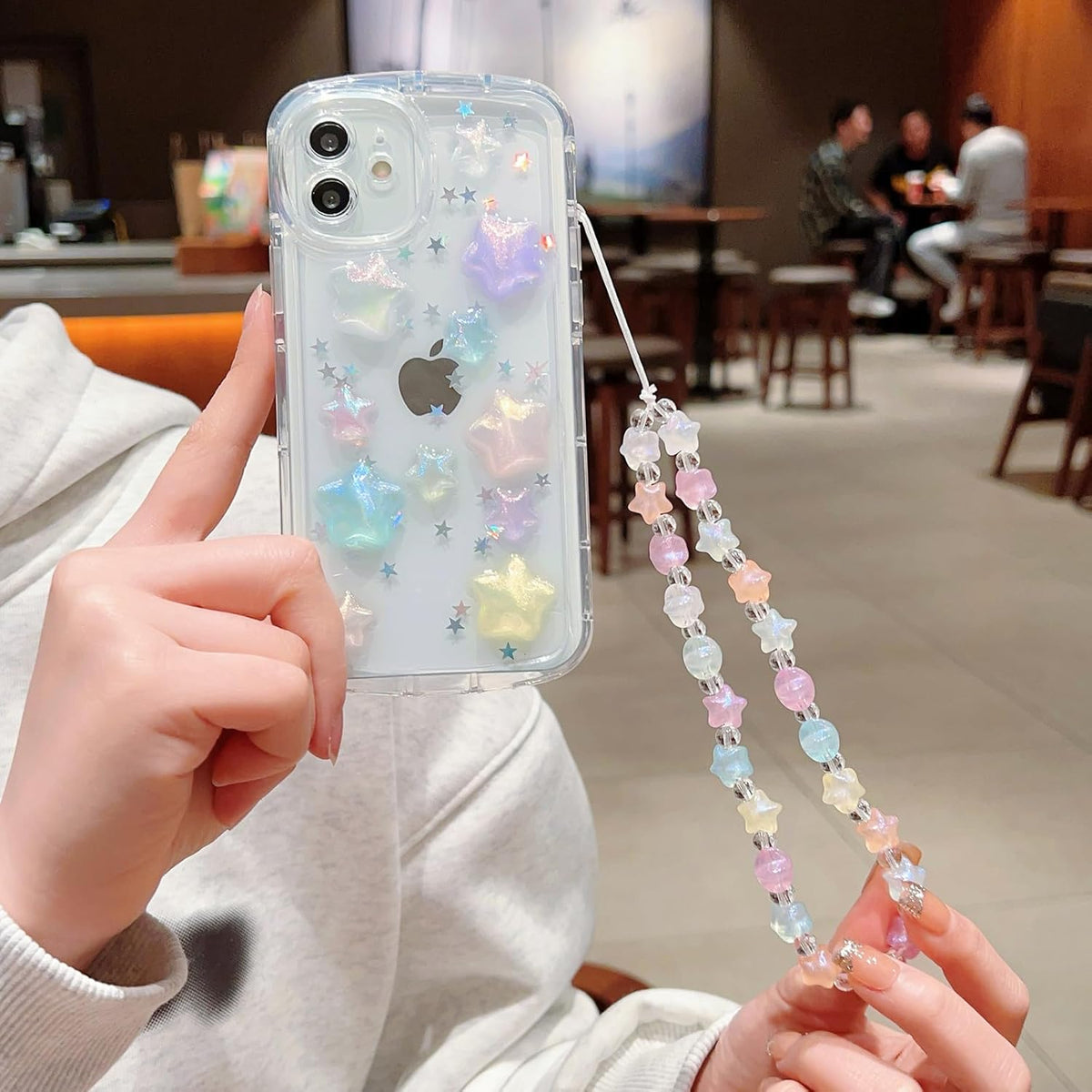 Clear Cute 3D Case for iPhone 11, Colorful Sparkling Stars with Bracelet Chain Design for Girls, Kawaii