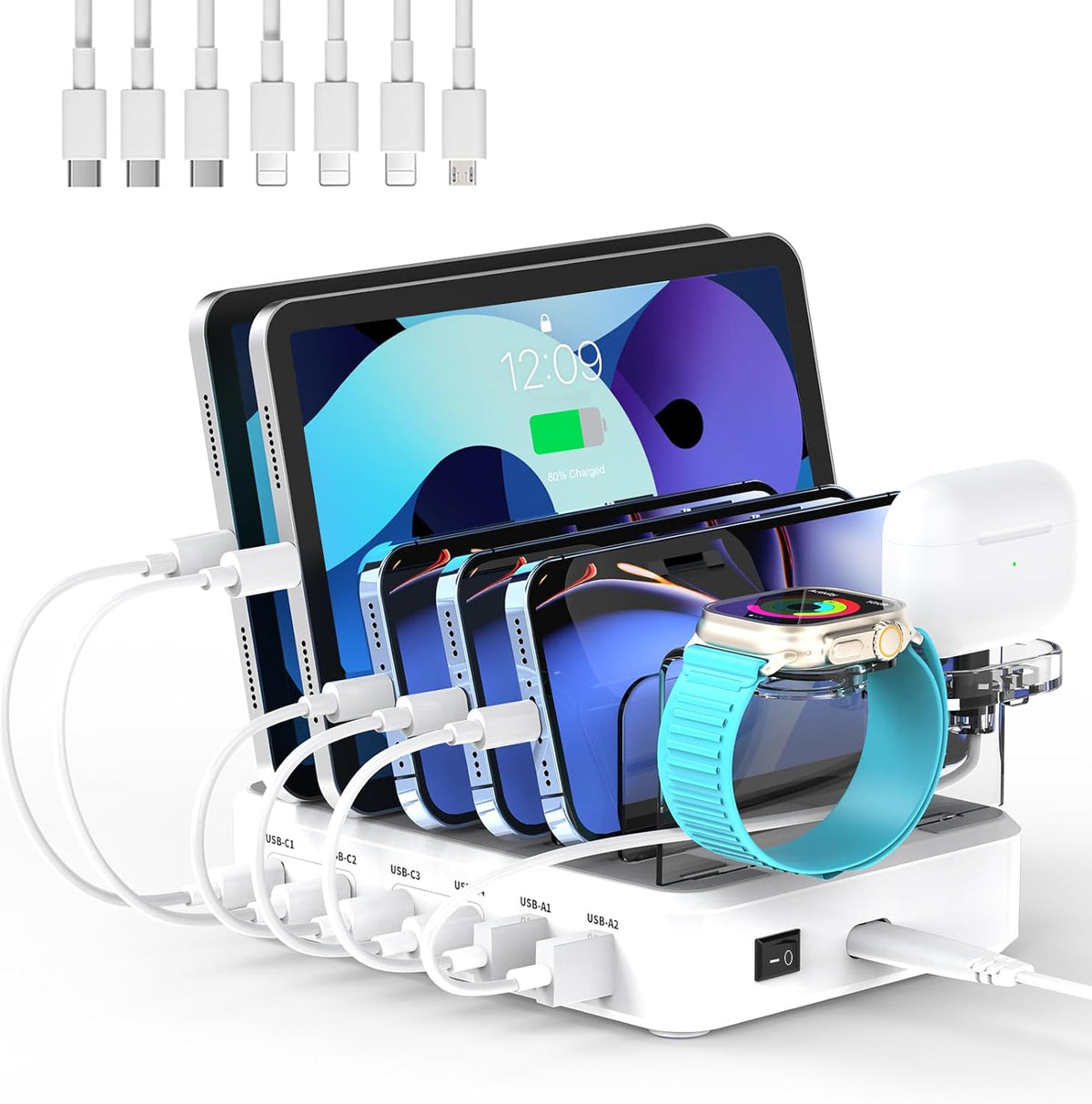 120W USB C Charging Station: 4C2A Port Output Max 65W Fast Charger for MacBook Air Apple iPhone iPad Tablet and Samsung Android Devices (White)