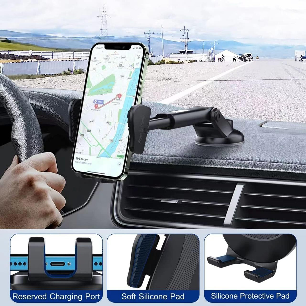 Generic Car Phone Holder with Suction Cup and Metal Hook, Compatible with All Smartphones