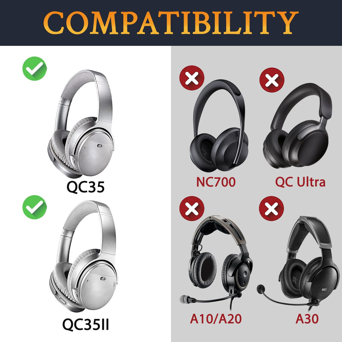 SoloWIT Earpads for Bose QC35/QC35 II Over-Ear Headphones, Softer Leather, Noise Isolation Foam - PL Silver