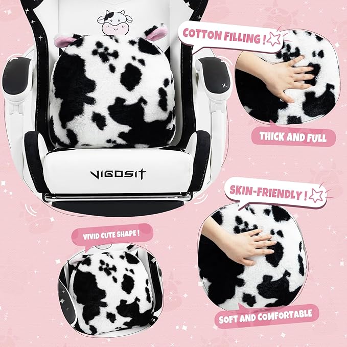 Cute Cat Gaming Chair with Paw Lumbar Cushion PC Video Gamer Chair for Girl Teen Woman (Black White)