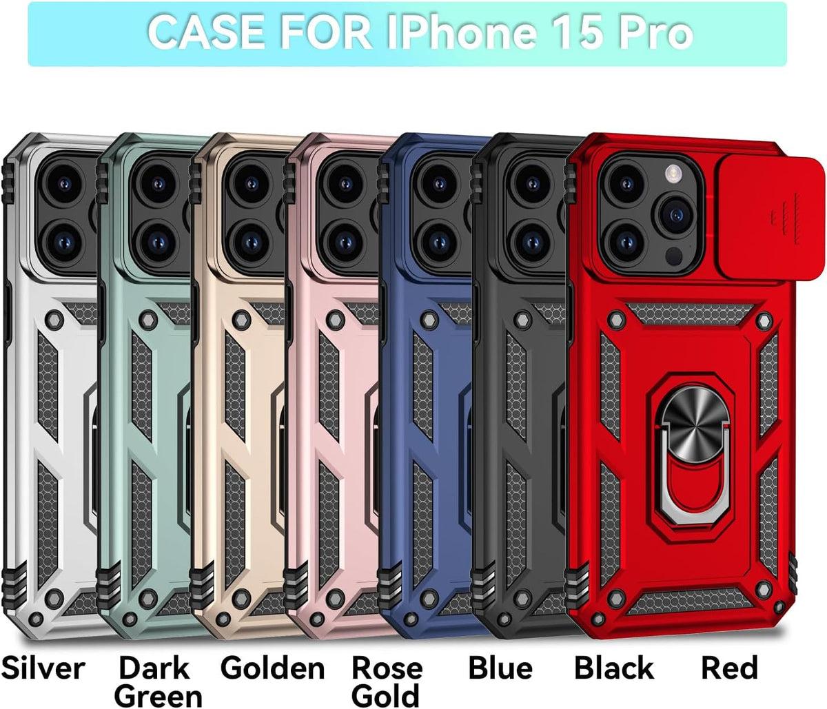 Hitaoyou iPhone 15 Pro Case with Camera Cover & Kickstand, Military Grade Shockproof Heavy Duty Protective Case
