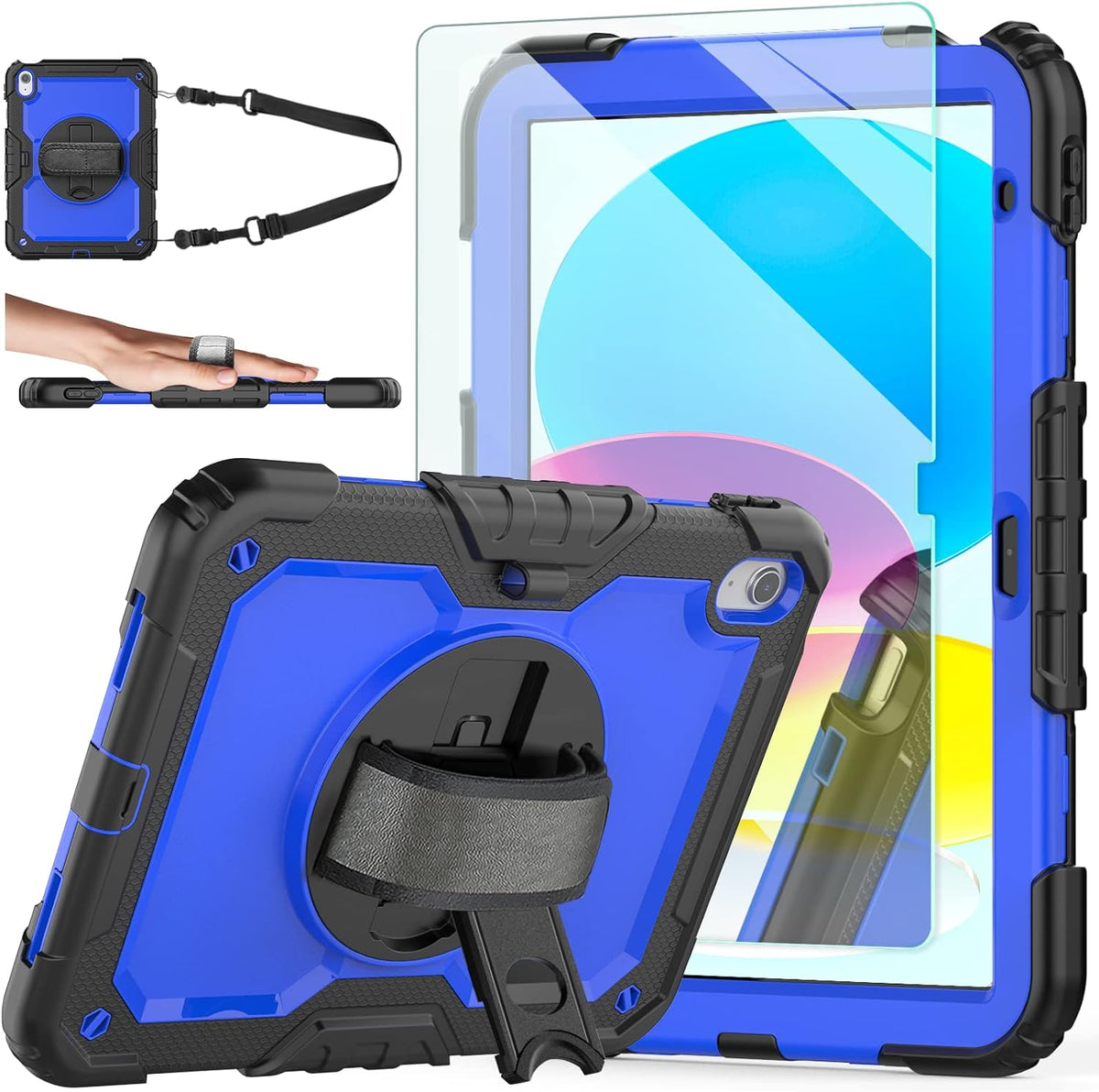 Ambison Case for iPad A16 11th/10th Generation 11"/10.9'' 2025/2022,Heavy Duty Shockproof Case with Tempered Glass Screen Protector, 360° Rotating Handle Strap&Stand,Shoulder Strap-Blue