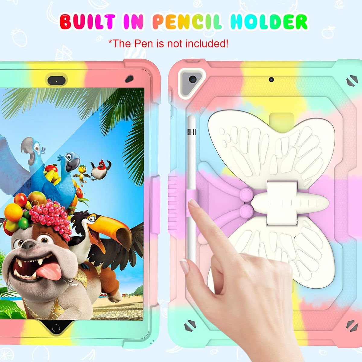 BLOSOMEET Pink Kids Case for iPad 9th/8th/7th Generation 2021/2020/2019 10.2 Inch with Tempered Glass Screen Protector & Butterfly Stand Cover for iPad 10.2 with Shoulder Strap Pencil Holder