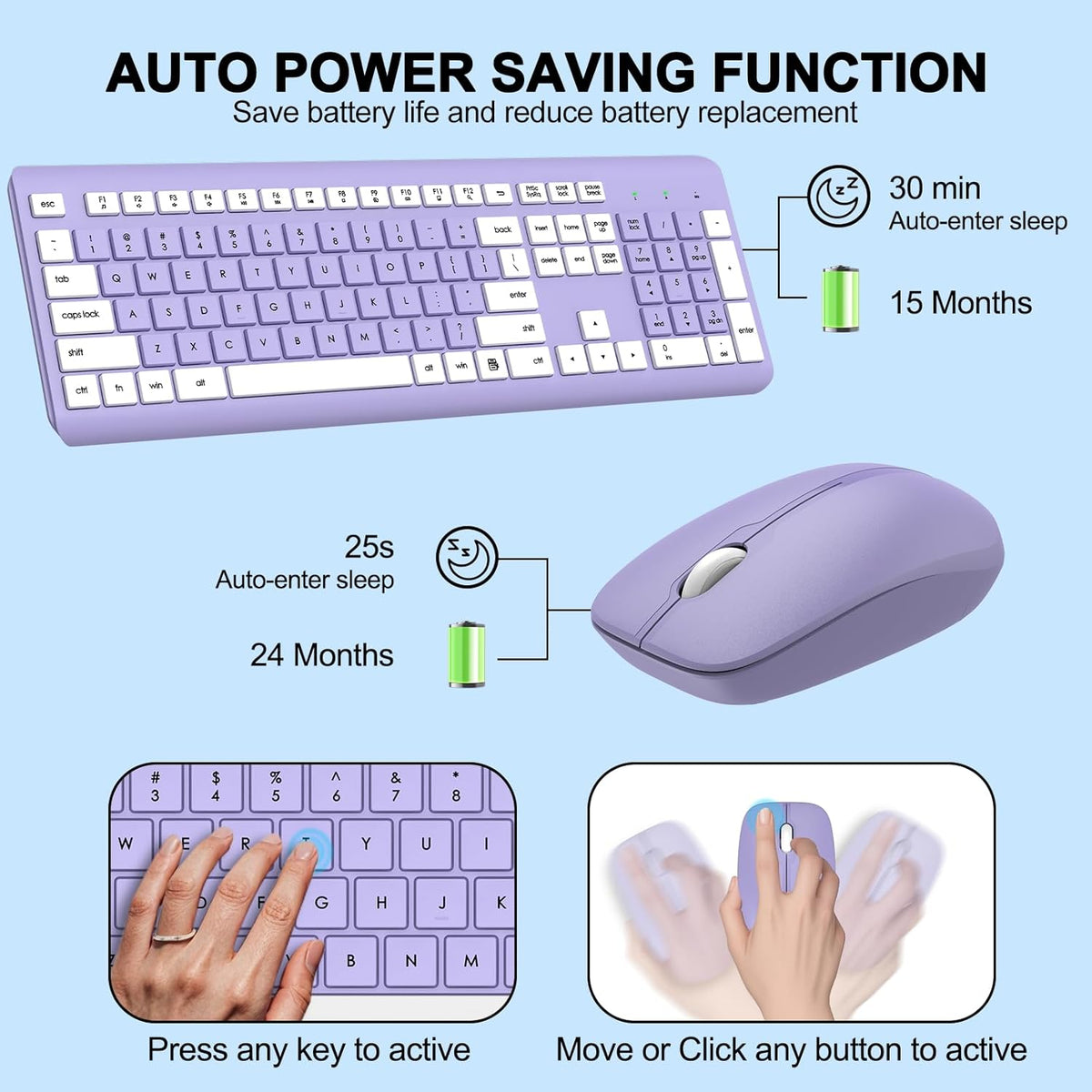 EDJO 2.4G Wireless Keyboard and Mouse Combo, Full-Size Silent Ergonomic Keyboard and Optical Mouse, Long Battery Life