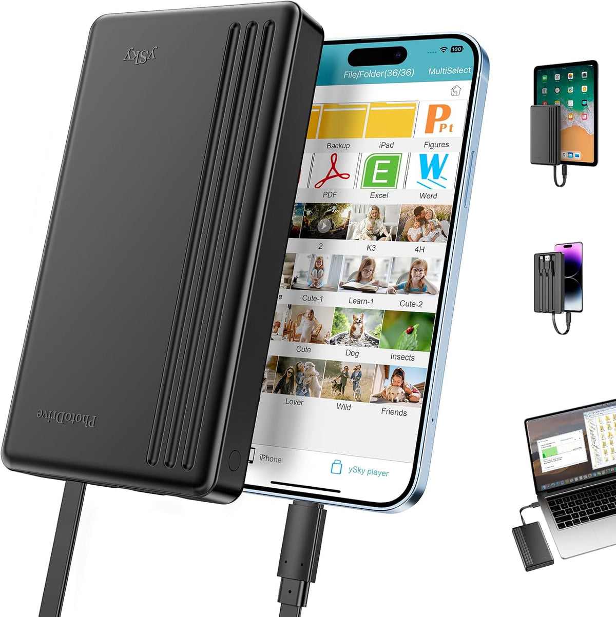 ySky 2TB External Hard Drive for iPhone & iPad,MacBook,Windows Computer,USB C Android Phones:Photo Stick USB Flash Drive to Backup Photo| Video | Music| File(MFi Certified)