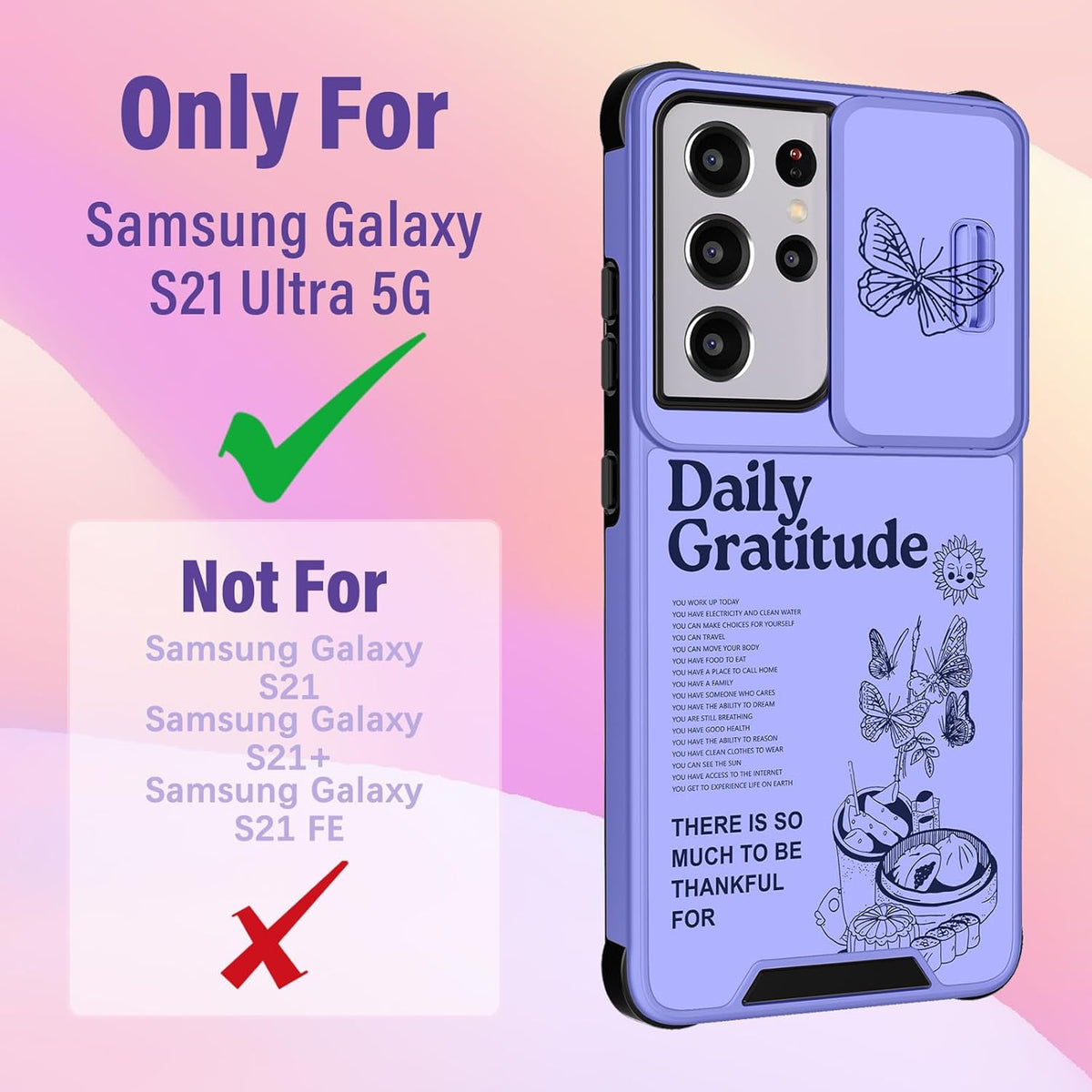 2in1 Samsung Galaxy S21 Ultra Case for Women, Cute Girls Butterfly Phone Cover with Camera Cover + Ring Stand