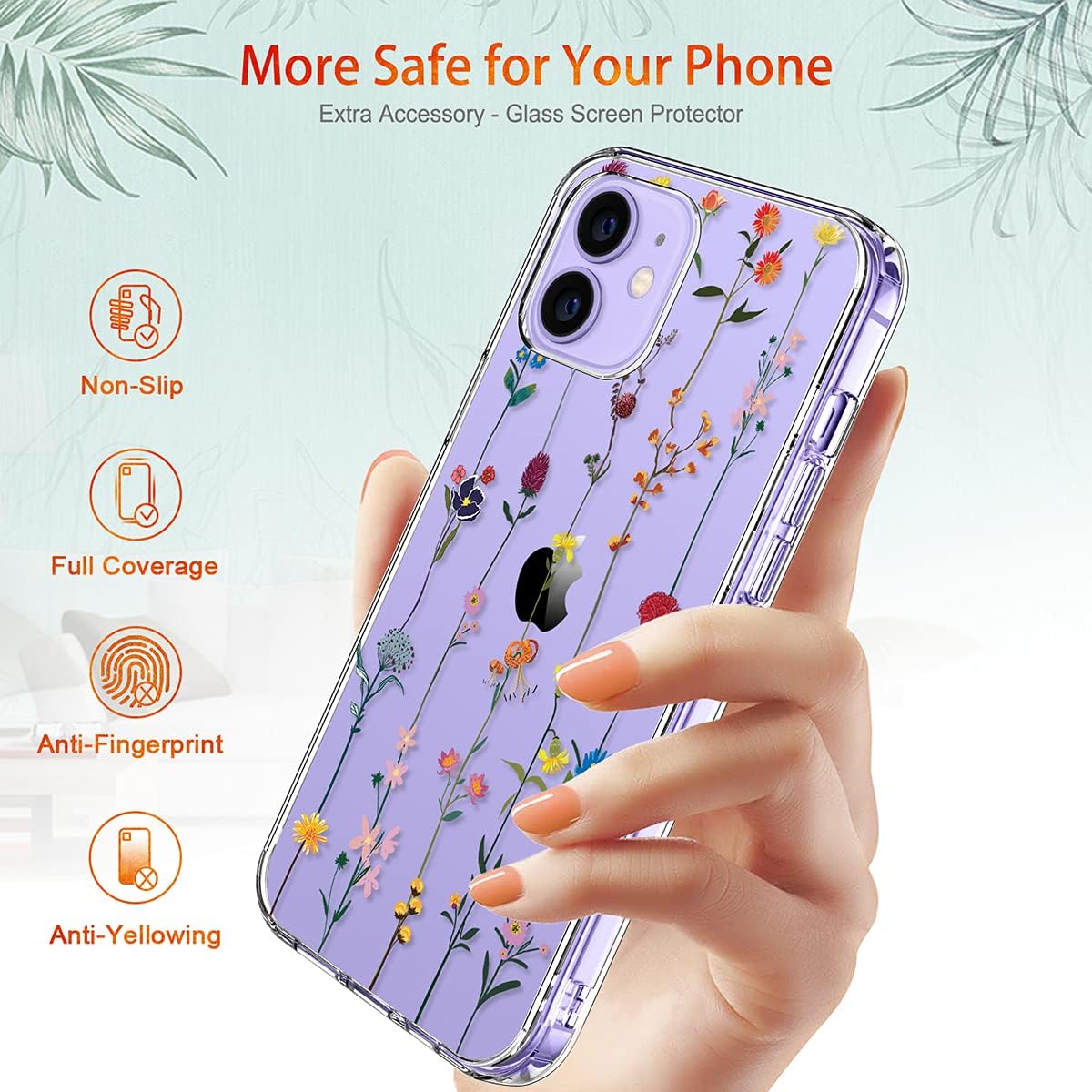GiiKa iPhone 12 Case with Screen Protector, Clear Floral Shockproof Hard Case with TPU Bumper for iPhone 12
