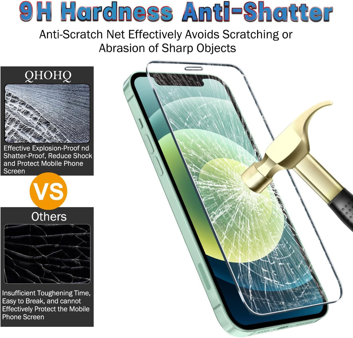 QHOHQ iPhone 12 Screen Protector 3 Pack, Ultra HD, 9H Hardness, Scratch Resistant, with 2 Tempered Glass Lens