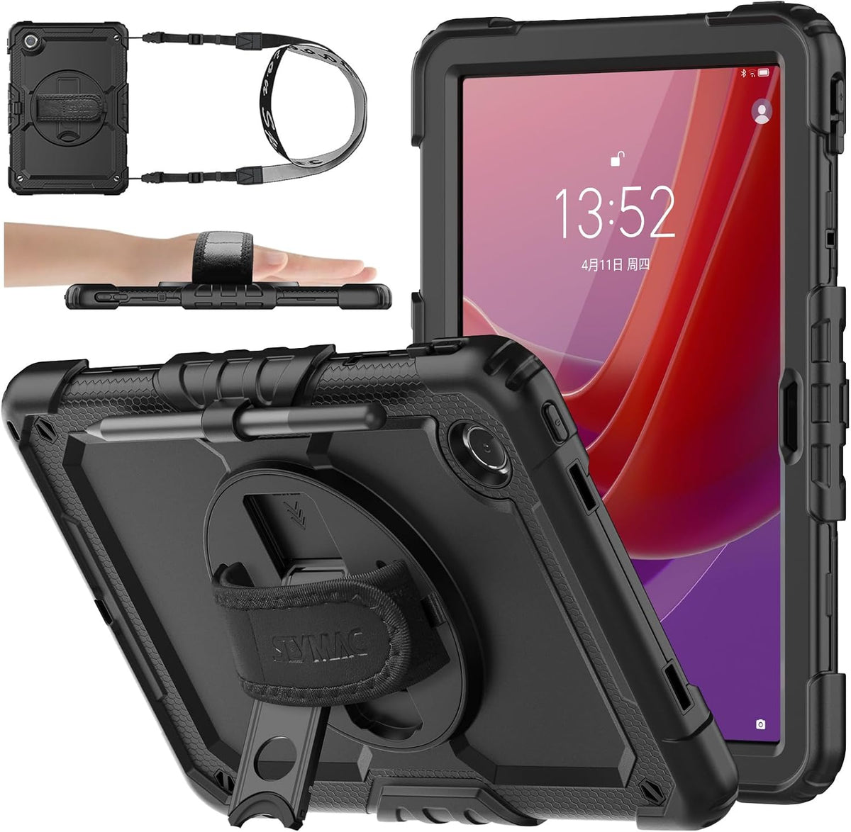 SEYMAC stock Tablet Case for Lenovo Tab M11 (TB-330FU/TB-330XU) 11 inch Drop-Proof Protection Cover with 360° Rotate Stand & Strap [Pen Holder] & Screen Protector/K11/Xiaoxin Pad 2024, Black