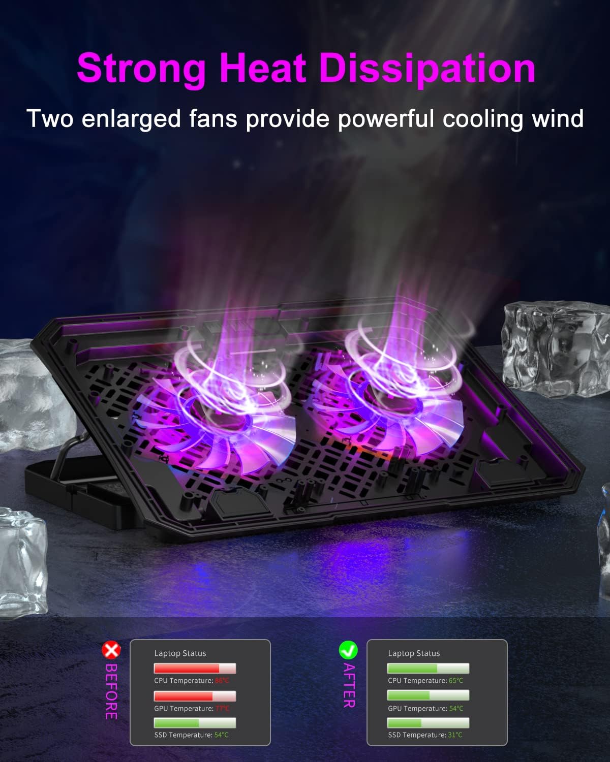 KeiBn Upgrade Laptop Cooling Pad, KeiBn Laptop Cooler 2 Fans for 10-15.6 Inch Laptops, 5 Height Stands, 2 USB Ports (S039-Purple)