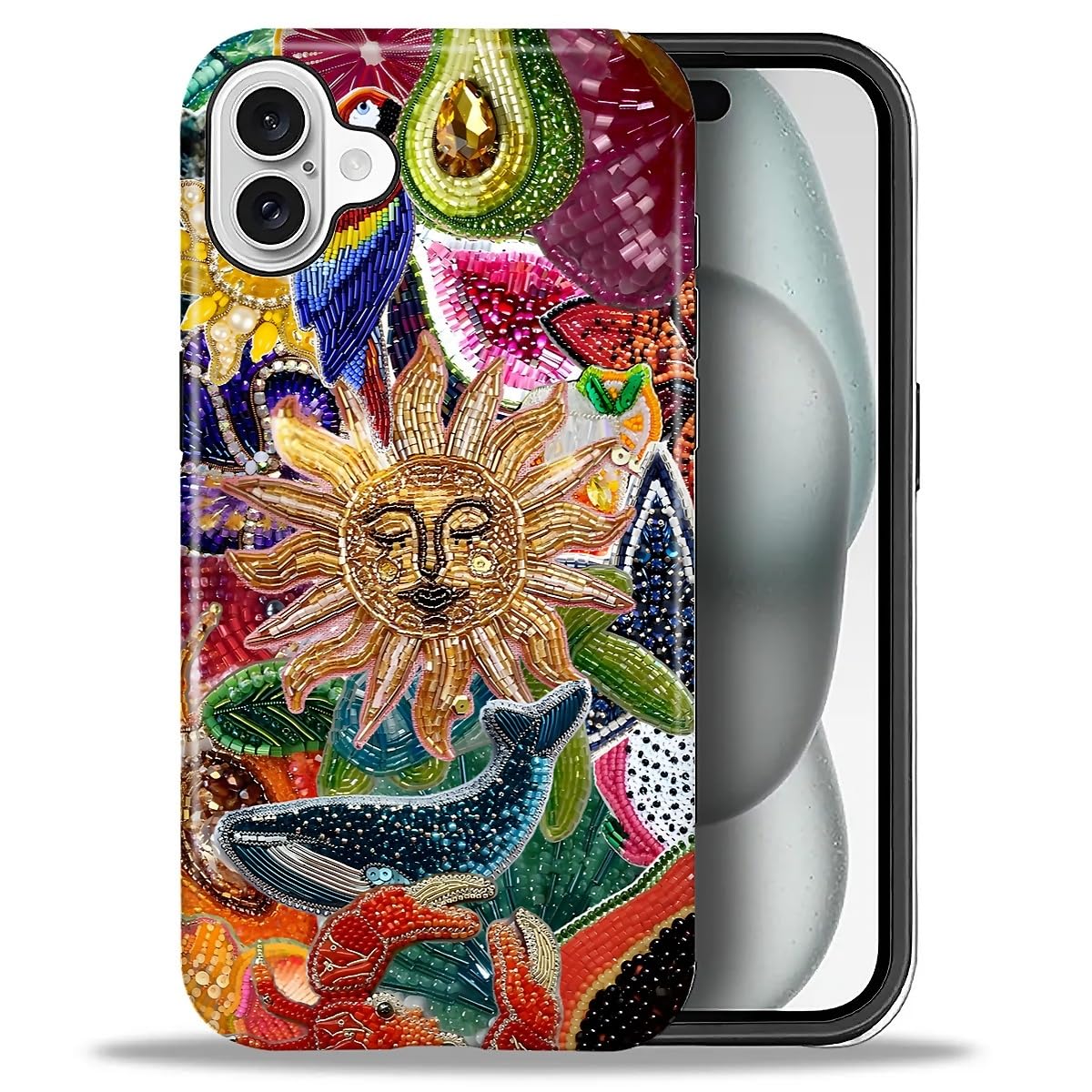 Goodsprout For Iphone 16 Case,Hybrid 2-Layer Hard Shell + Silicone Protective Case -Resistant Shockproof- Retro Collage Sun Cele