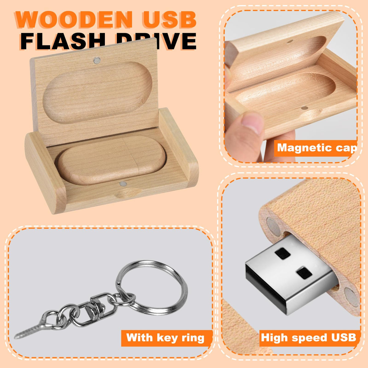 Novelty Wooden USB 2.0 Flash Drive 64GB Data Storage Memory Stick USB Stick Ellipse Pendrive with Wooden Box