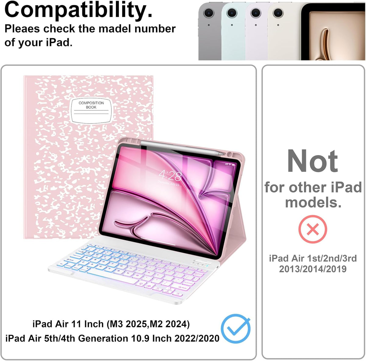 Supveco Keyboard Case for iPad Air 11 Inch (M3 2025,M2 2024),iPad Air 5th/4th Generation with Pencil Holder-7 Colors Backlit Wireless Detachable Folio Keyboard Cover with Soft TPU Back-Pink