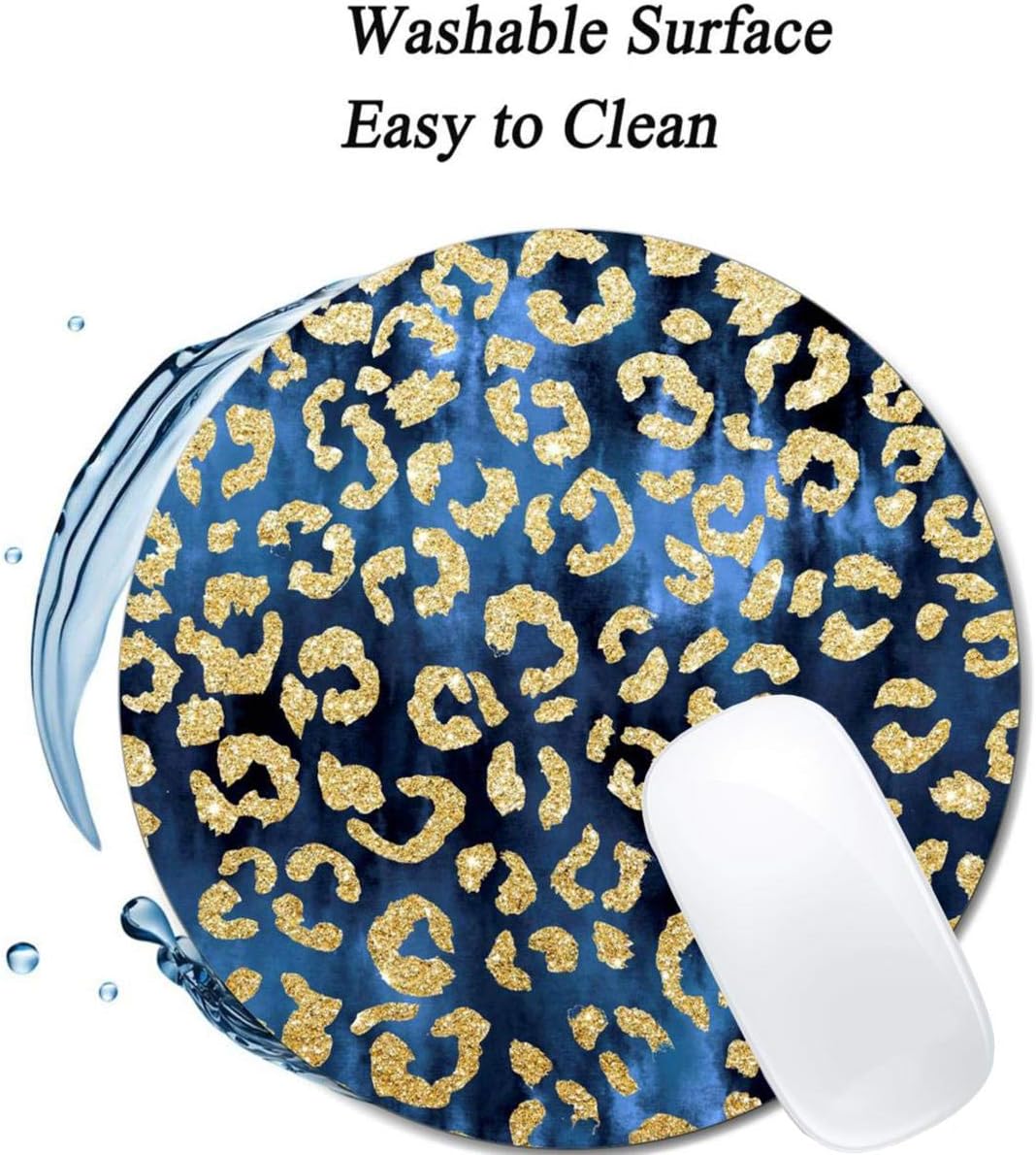 Leopard Gold Watercolor Navy Blue Mouse Pad Round Non-Slip Rubber Mousepad Laptop Office Computer Decor Cute Desk Accessories Customized Design Mouse Pad