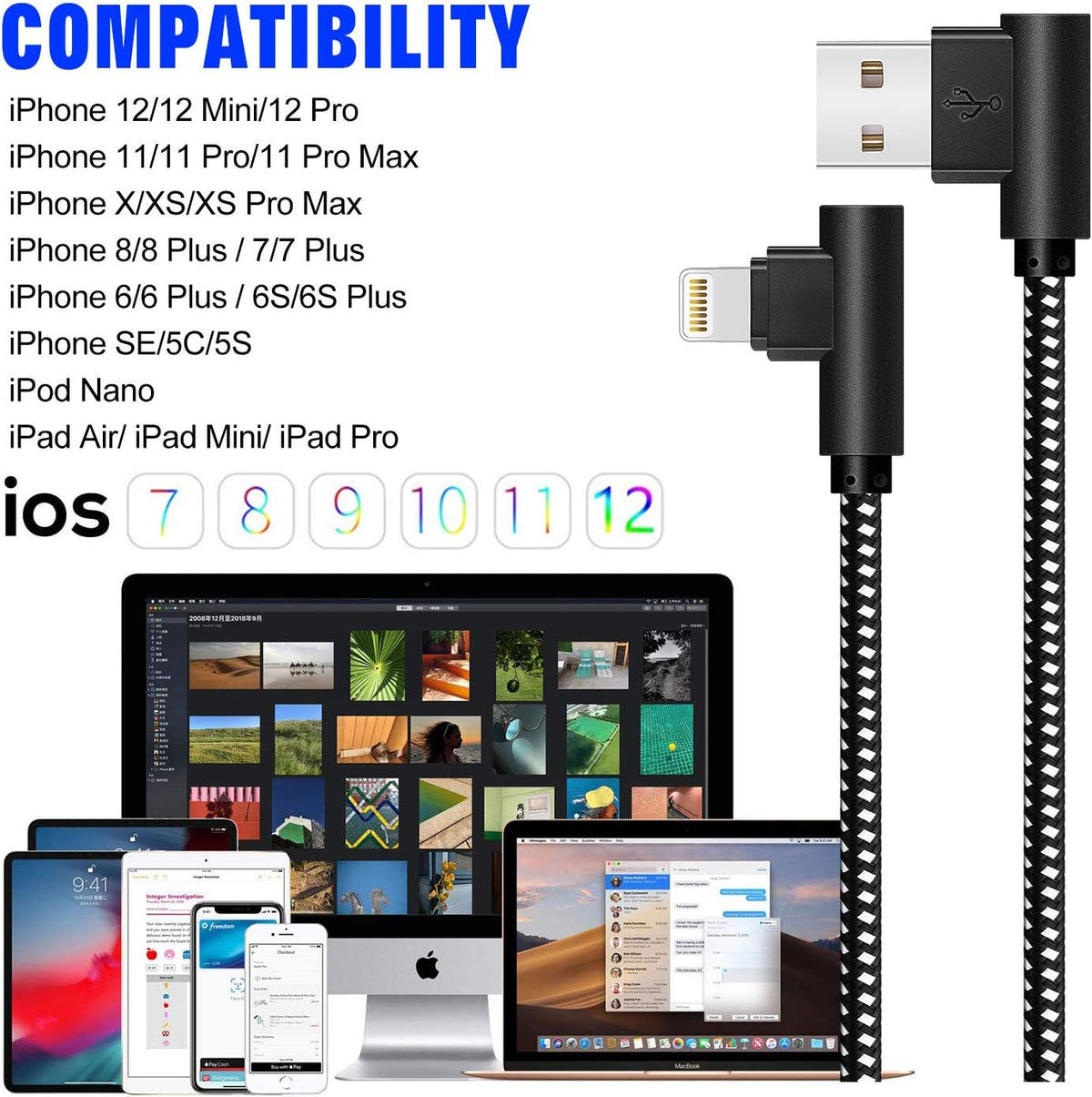 Made for The Game Connecting Cable, [3-Pack] 6ft Durable 90 Degree Fast Charging Cable for iPhone 12/Xs